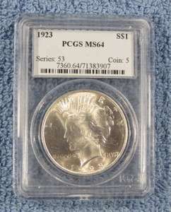 1923 Peace Dollar, MS 64, PCGS Professionally Graded (c 1489)  