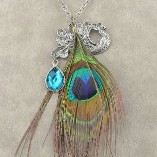 Peacock Tear Drop Simulated Sapphire Peacock Feather Pendant Necklace 
