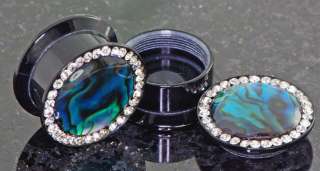 flat flare screw fit stash plug with clear gemmed rim and abalone 