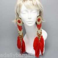 Chunky Southwestern Chic Beaded Feather Earrings Red Hot Extra Long 