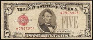 1928 E $5 DOLLAR BILL BIG RED STAR UNITED STATES LEGAL TENDER NOTE Fr 