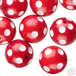 20 Red & White Polka Dot Plastic Beads~Big 16mm Round  