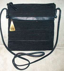 GORGEOUS SHARIF BLACK TEXTURED FABRIC AND LEATHER CROSS BODY BAG, CHIC 