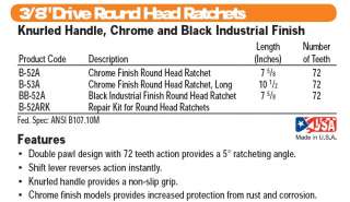 NEW JH WILLIAMS TOOLS 3/8 DR ROUND HEAD RATCHET BB 52A  