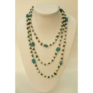 Pearl Necklace w/ Semi Precious Stone Nugget, Chip & Turquoise in 70 