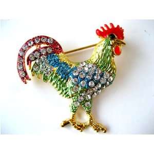    Golden Tone Metal Hand Painted Rooster Pin Brooch 