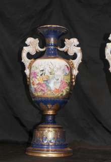 Pair Sevres Floral Porcelain Vases Urns  