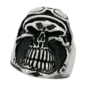 Surgical Steel Goth Biker Skull Ring with Helmet and Goggles 1 1/4 in 